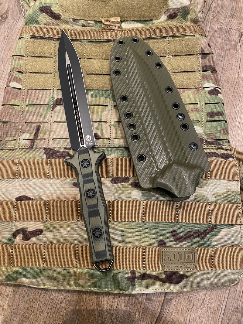 Load image into Gallery viewer, Heretic Knives Nephilim Double Edge Two-Tone Black Fixed Blade Black/OD Green Carbon Fiber Scales
