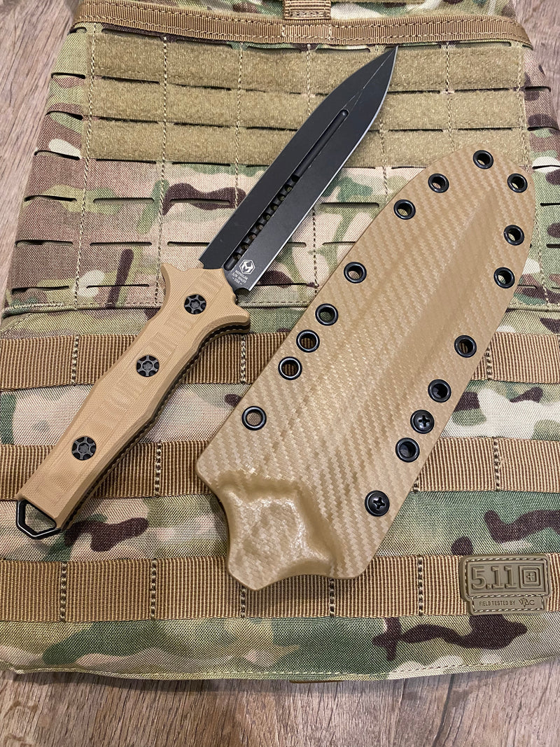 Load image into Gallery viewer, HERETIC NEPHILIM DOUBLE EDGE FIXED BLADE - BATTLEWORN BLACK WITH FDE G-10 SCALES
