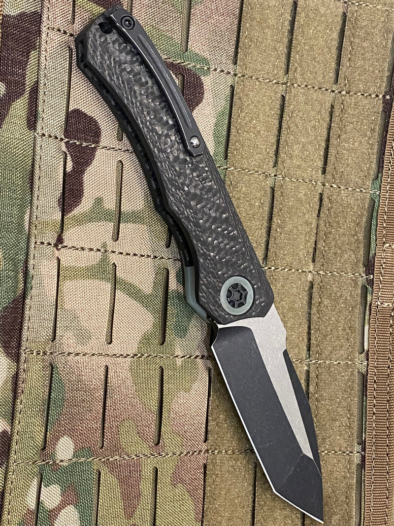 Load image into Gallery viewer, HERETIC WRAITH OTS AUTO TANTO EDGE CARBON FIBER HANDLES JADE G-10 BOLSTER BLACK BATTLEWORN BLADE H100-8A-JADE
