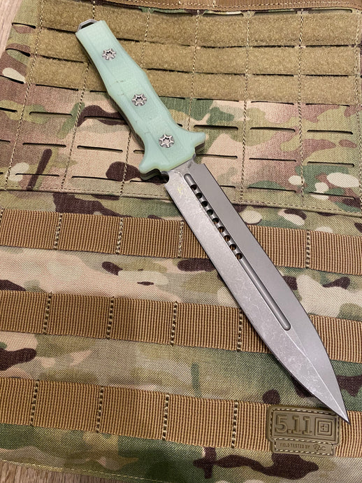 HERETIC NEPHILIM DOUBLE EDGE FIXED BLADE - BATTLEWORN WITH JADE G-10 SCALES