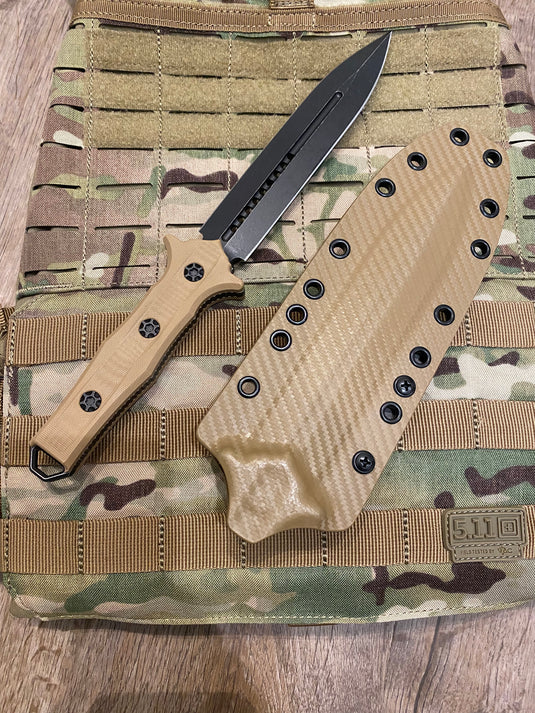 HERETIC NEPHILIM DOUBLE EDGE FIXED BLADE - BATTLEWORN BLACK WITH FDE G-10 SCALES
