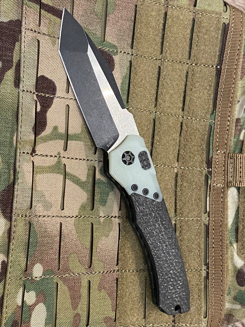 Load image into Gallery viewer, HERETIC WRAITH OTS AUTO TANTO EDGE CARBON FIBER HANDLES JADE G-10 BOLSTER BLACK BATTLEWORN BLADE H100-8A-JADE
