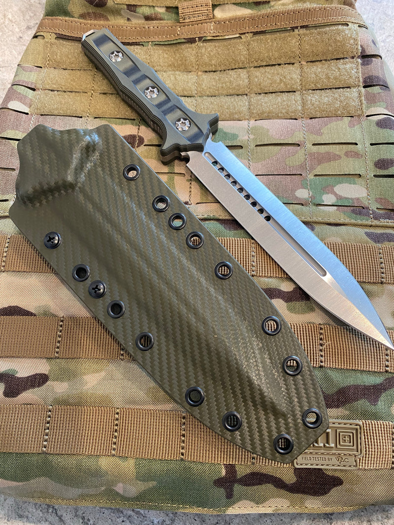 Load image into Gallery viewer, HERETIC NEPHILIM DOUBLE EDGE FIXED BLADE - STONEWASH WITH BLACK/GREEN G-10 SCALES
