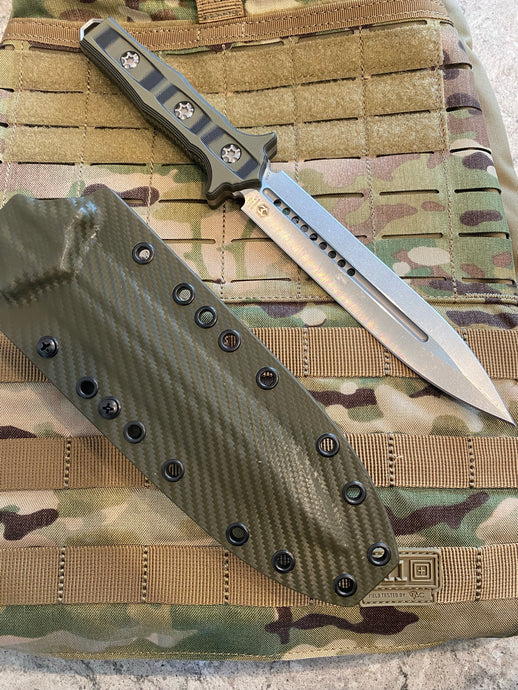HERETIC NEPHILIM DOUBLE EDGE FIXED BLADE - STONEWASH WITH BLACK/GREEN G-10 SCALES