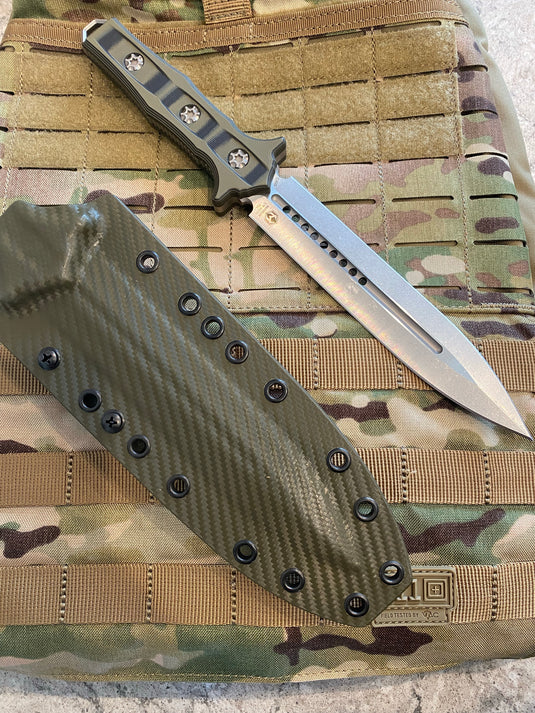 HERETIC NEPHILIM DOUBLE EDGE FIXED BLADE - STONEWASH WITH BLACK/GREEN G-10 SCALES