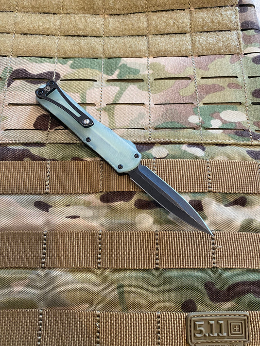 HERETIC MANTICORE-S OTF AUTO DOUBLE EDGE JADE G-10 CHASSIS BOTTOM WITH BATTLEWORN BLACK BLADE
