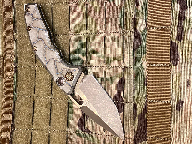Load image into Gallery viewer, HERETIC KNIVES MEDUSA AUTO KNIFE FLAMED TITANIUM HANDLES WITH TANTO EDGE BATTLEWORN BRONZE BLADE
